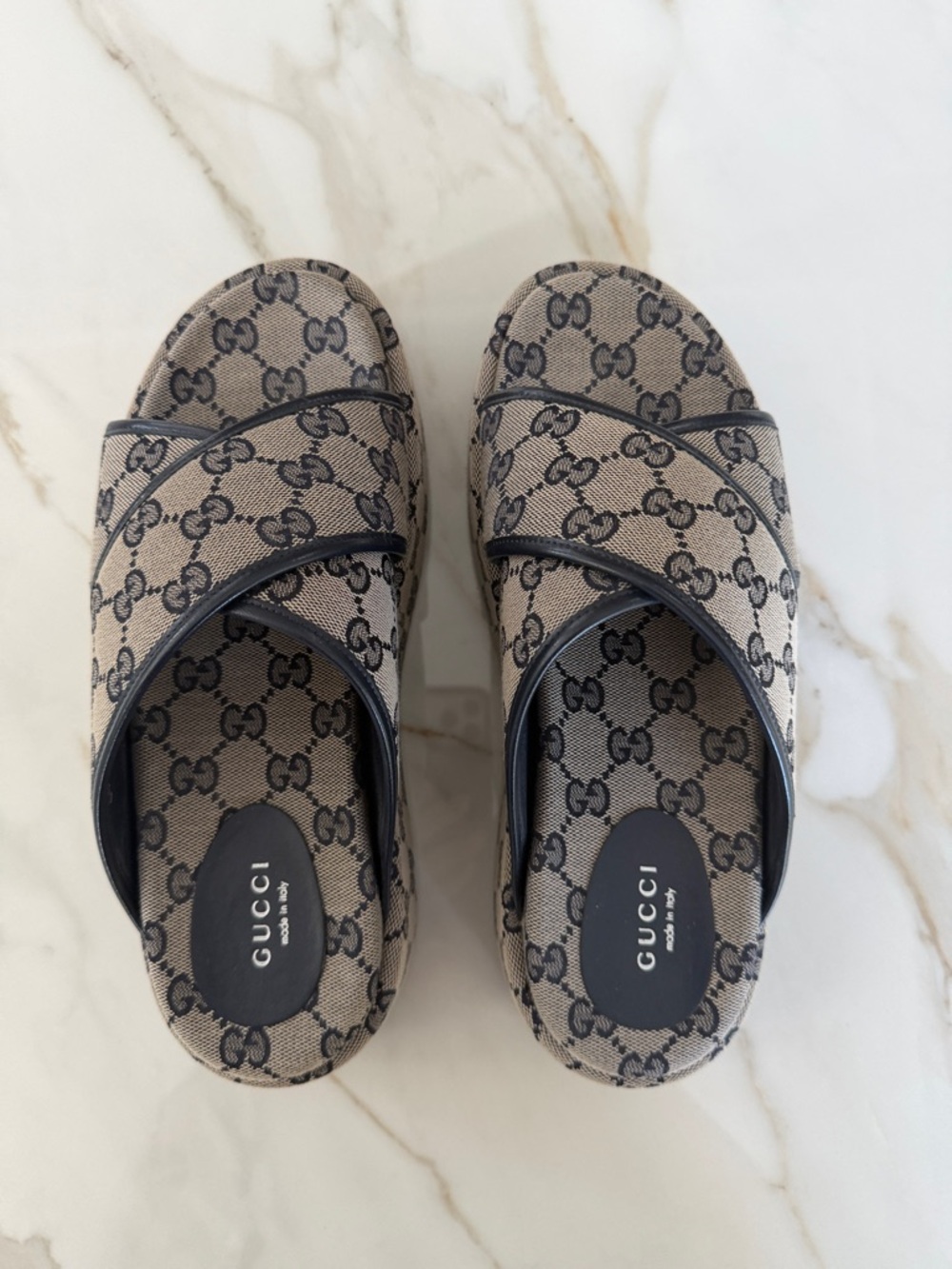 Gucci Monogram Criss Cross Platform  Slide Sandals